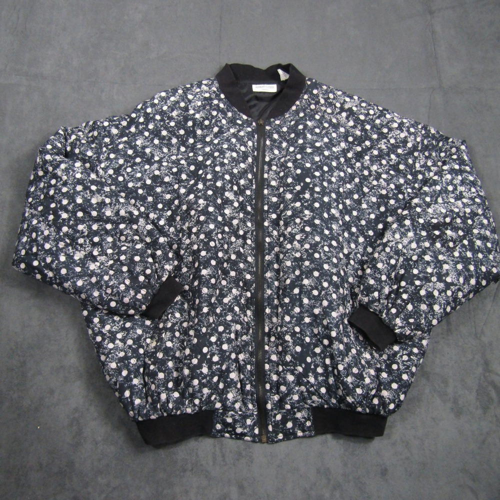 Robert Stock Bomber Jacket Women L Black White Silk Polka Dot Quilted Vintage